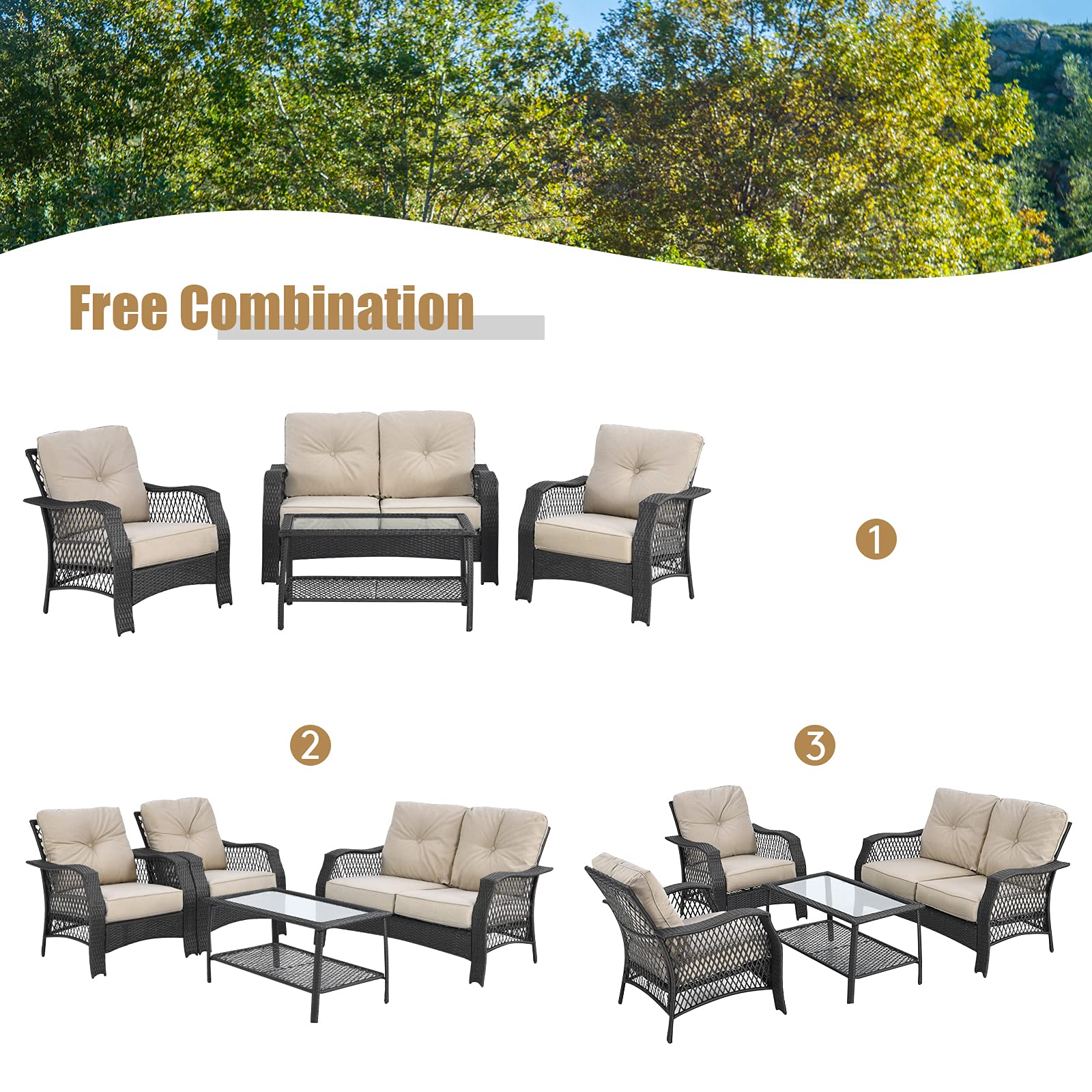 Tangkula 4 Pieces Outdoor Patio Furniture Set, Patiojoy PE Wicker Conversation Sofa Set with Tempered Glass Coffee Table - NP10087WL-BE