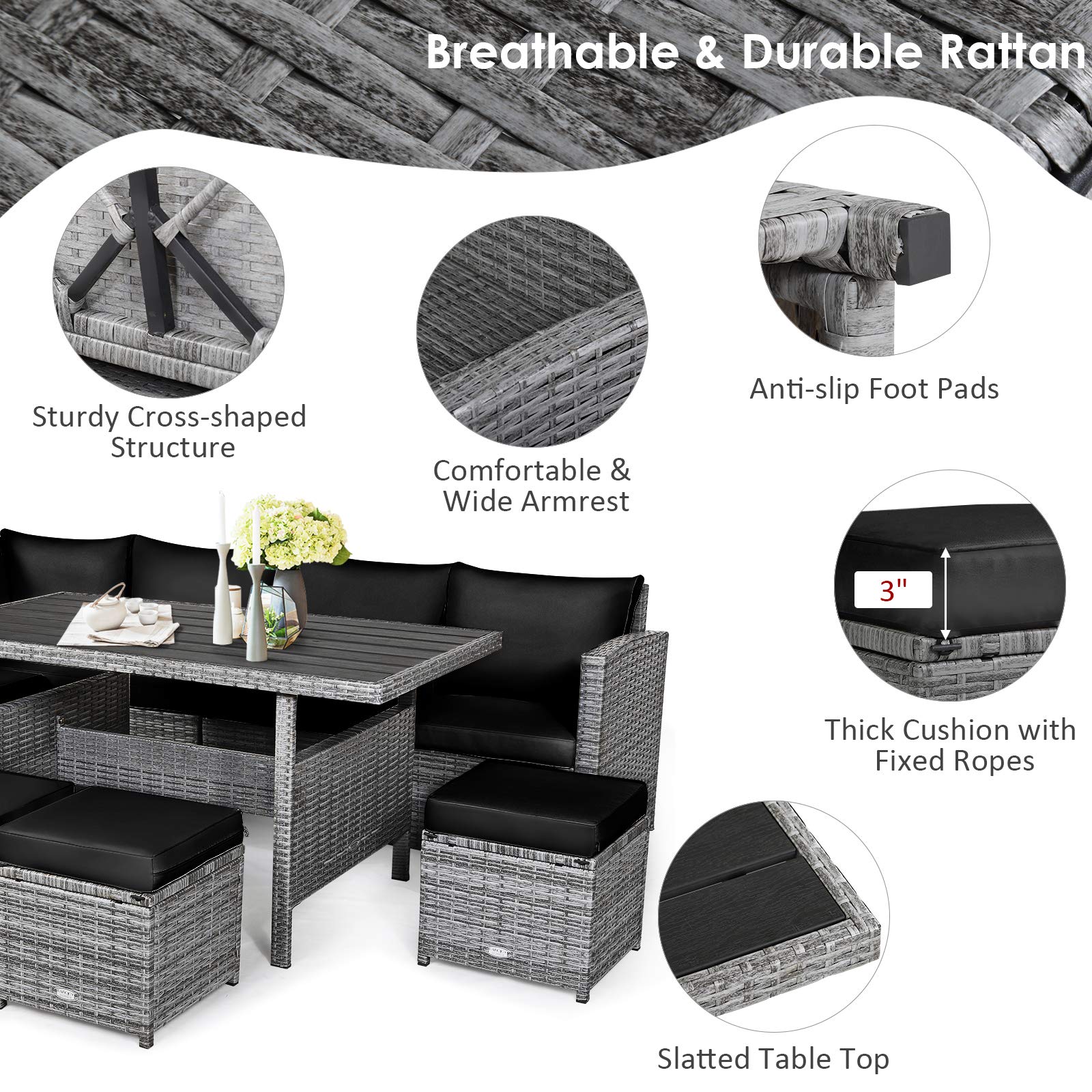 Tangkula 7 Pieces Patio Furniture Set, Outdoor Sectional Rattan Sofa Set with Cushions - HW67190BK+