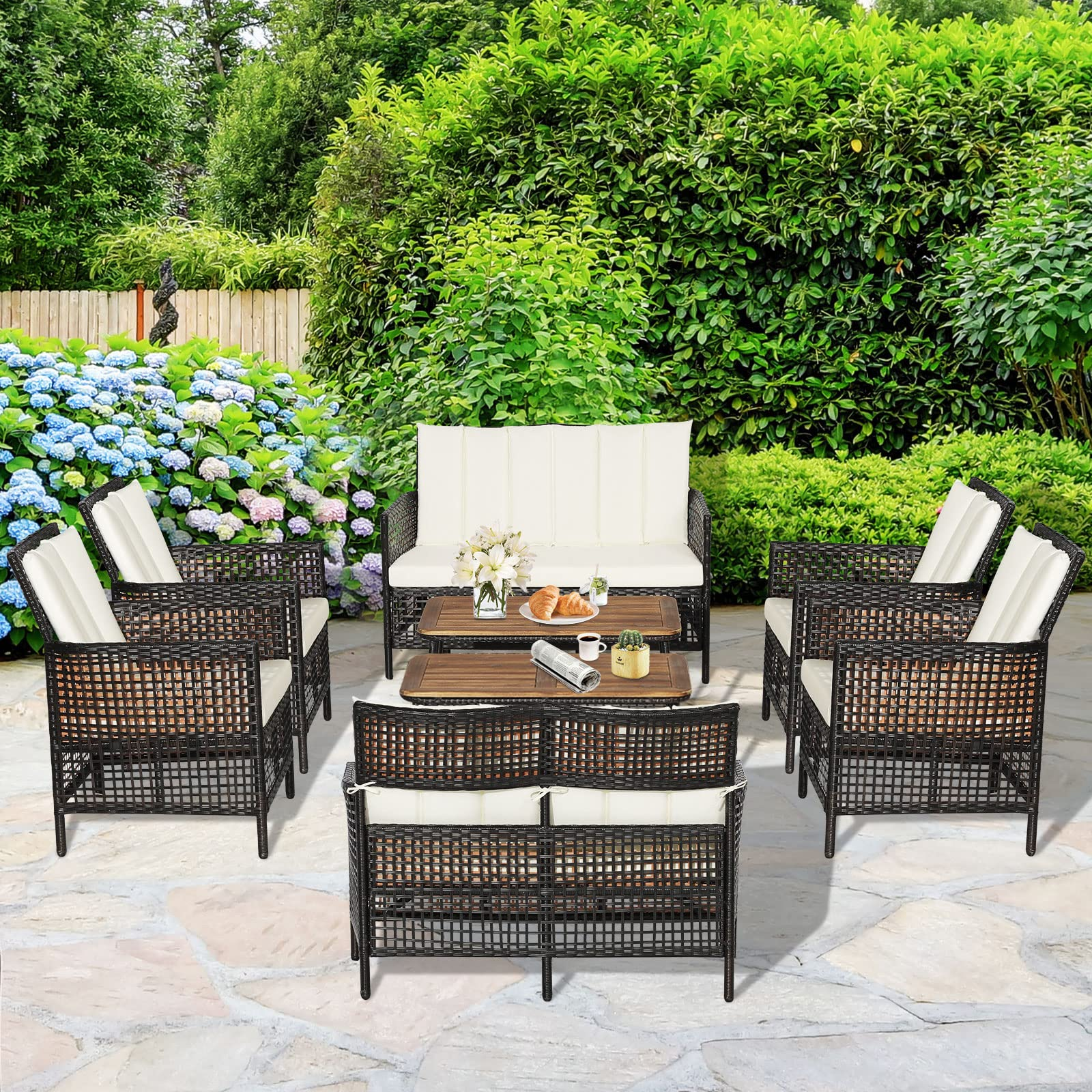 Tangkula Outdoor PE Wicker Conversation Set with 2-Tier Coffee Table - HW70242WH+