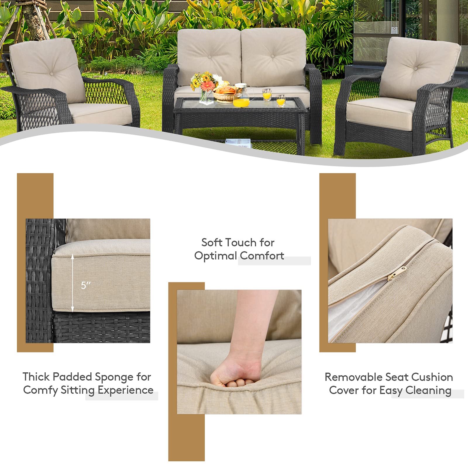 Tangkula 4 Pieces Outdoor Patio Furniture Set, Patiojoy PE Wicker Conversation Sofa Set with Tempered Glass Coffee Table - NP10087WL-BE