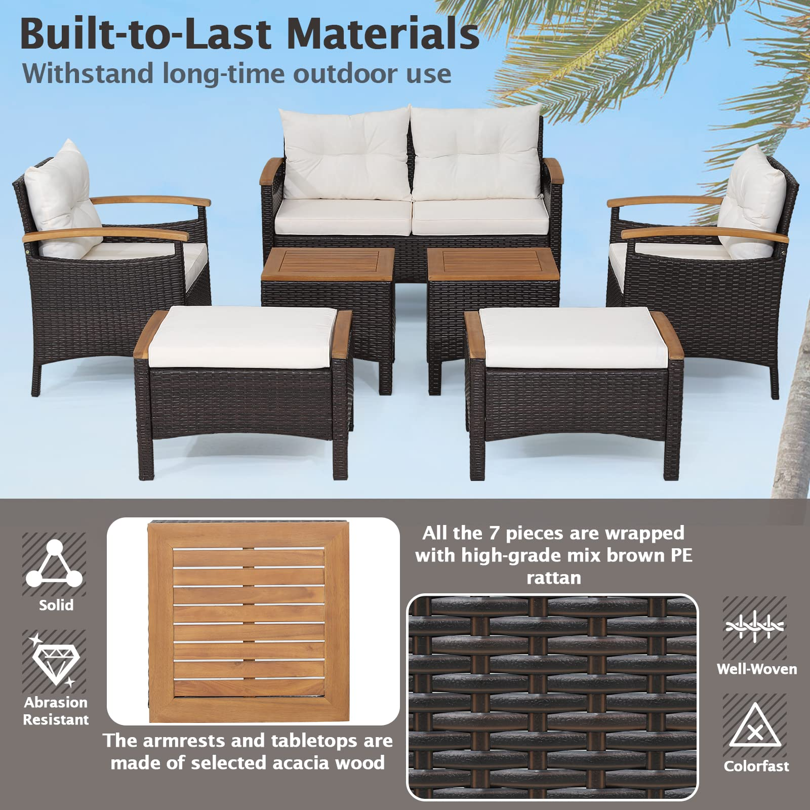 Tangkula 7 Pieces Patio Rattan Sofa Set, Outdoor Wicker Conversation Set - HW70450+