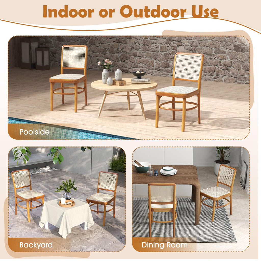 Tangkula Boho Dining Chairs, Natural Rattan Living Room Chairs with Teak Wood Structure & Footrests - JV11895