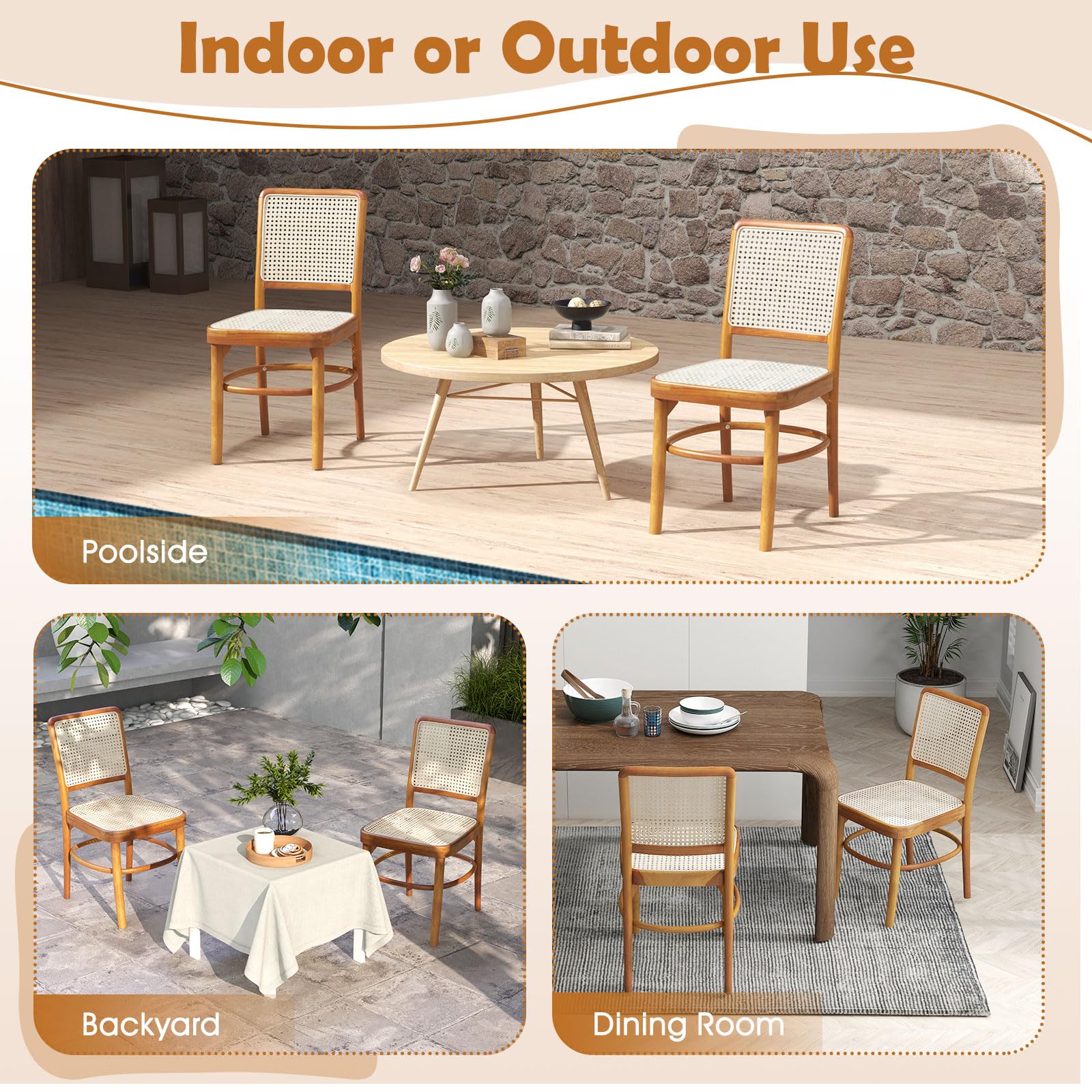 Tangkula Boho Dining Chairs, Natural Rattan Living Room Chairs with Teak Wood Structure & Footrests - JV11895