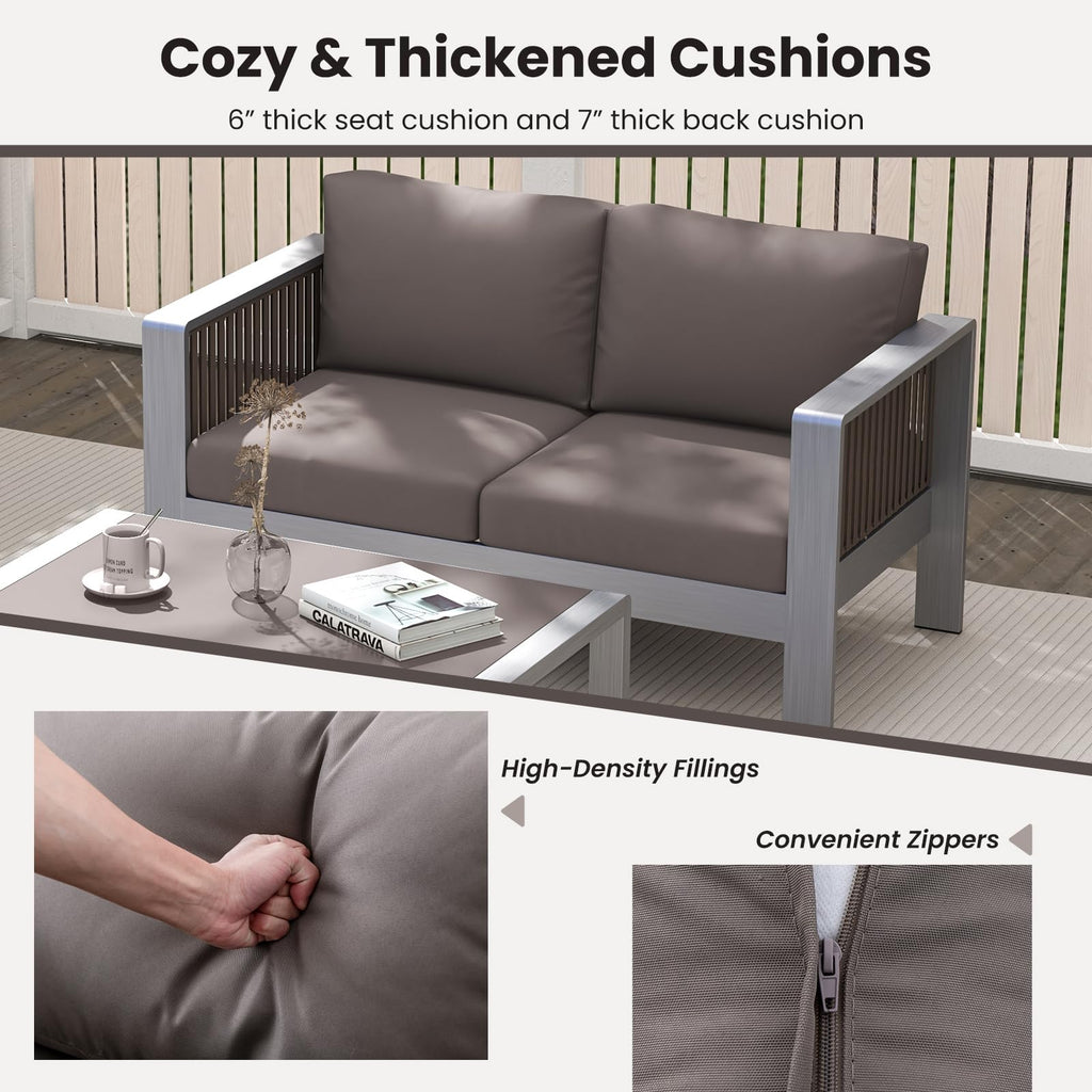 Tangkula Patio Aluminum Loveseat Sofa, Outdoor Furniture Set with Thick Back & Seat Cushions (Gray) - NP11417GR