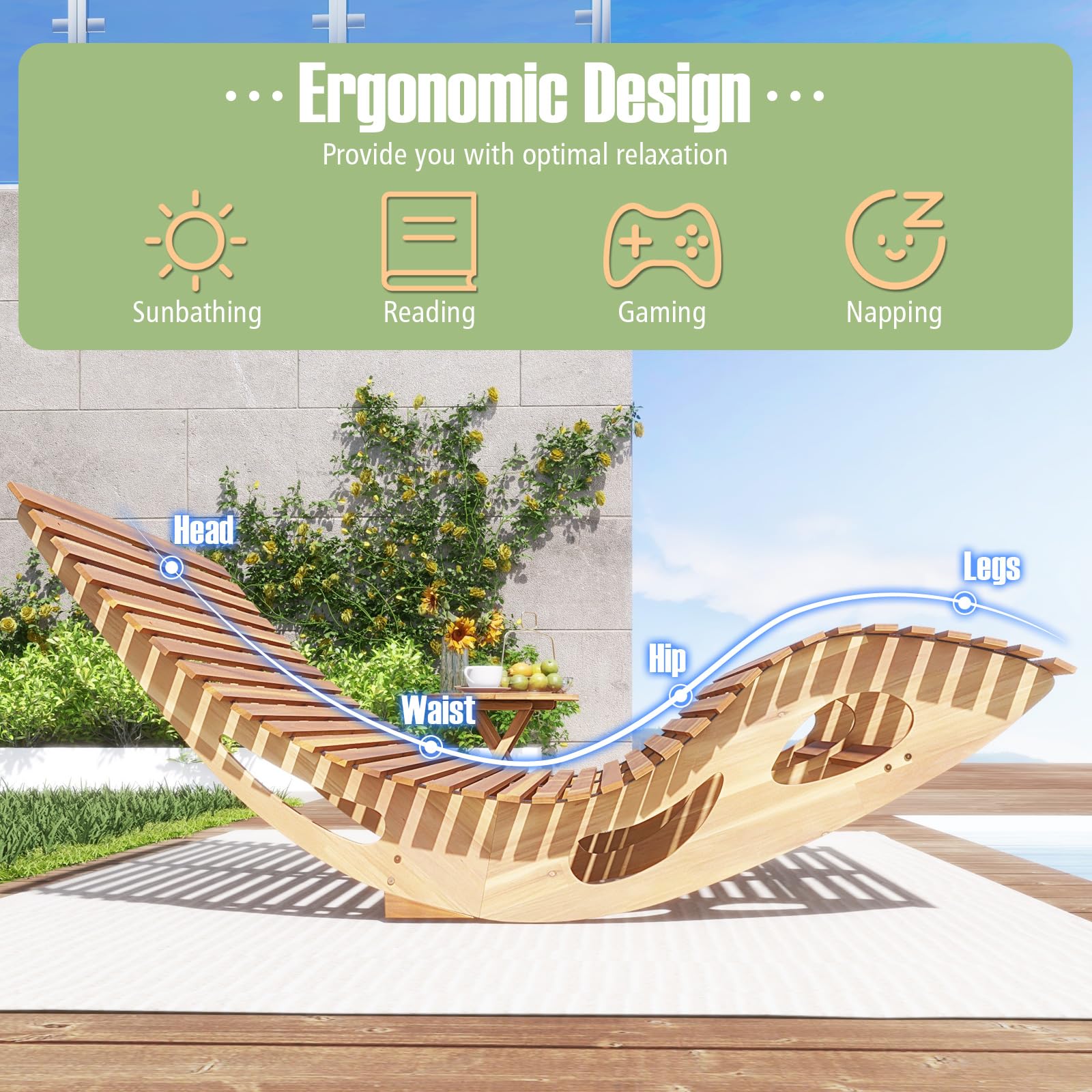 Tangkula Outdoor Double Chaise Lounge Chair, Acacia Wood Rocking Sunbed with Slatted Backrest and Seat - NP12023