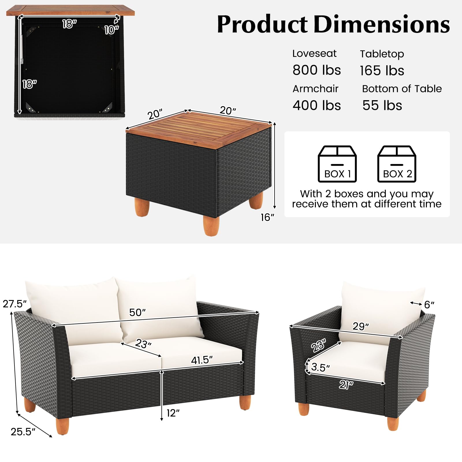 Tangkula Outdoor Conversation Set, Patio Cushioned Chairs w/Storage Coffee Table - HW72334WH+