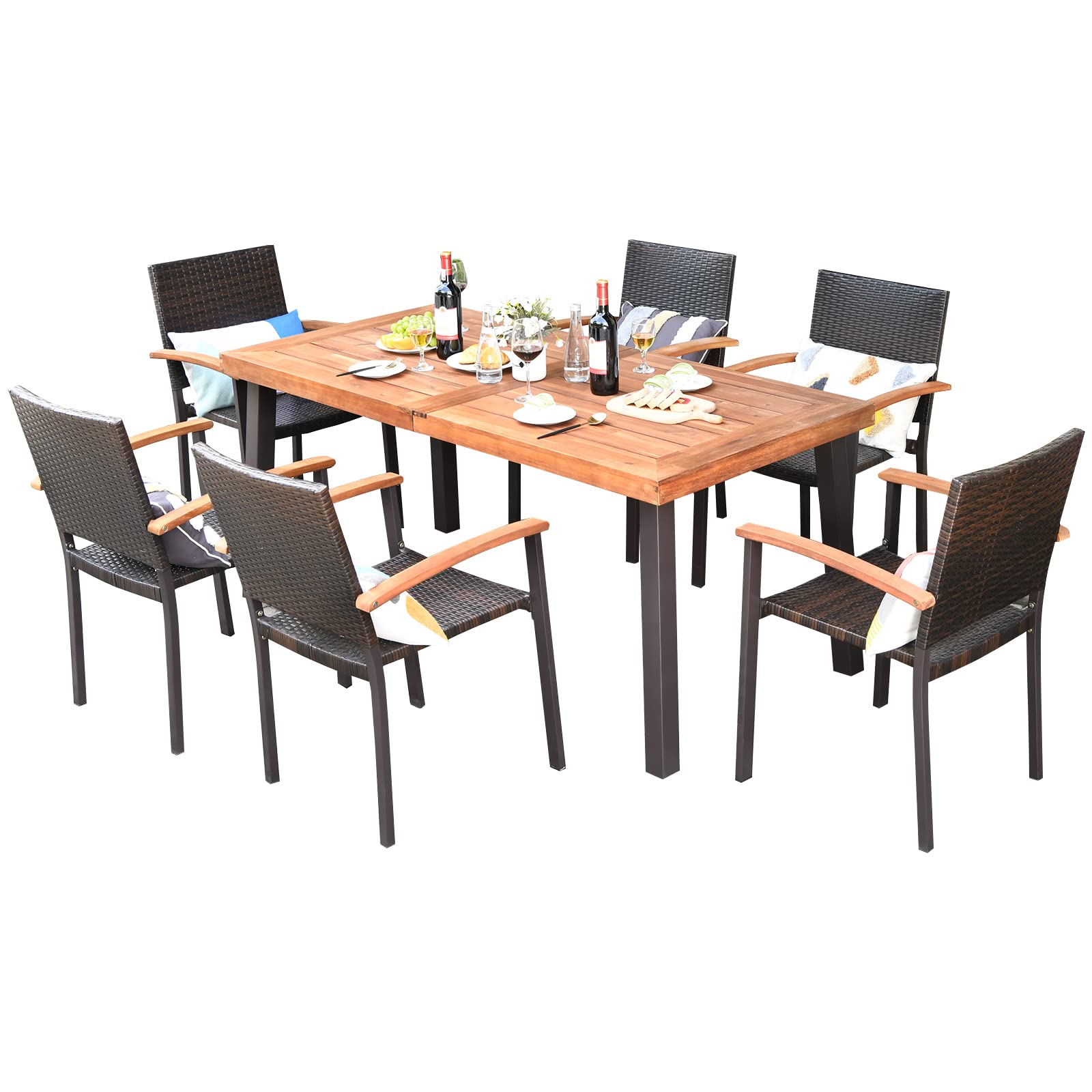 Tangkula 7-Piece Wicker Patio Dining Set, Patiojoy Outdoor Rattan Garden Yard Furniture Set - HW66354+OP70689+OP70690