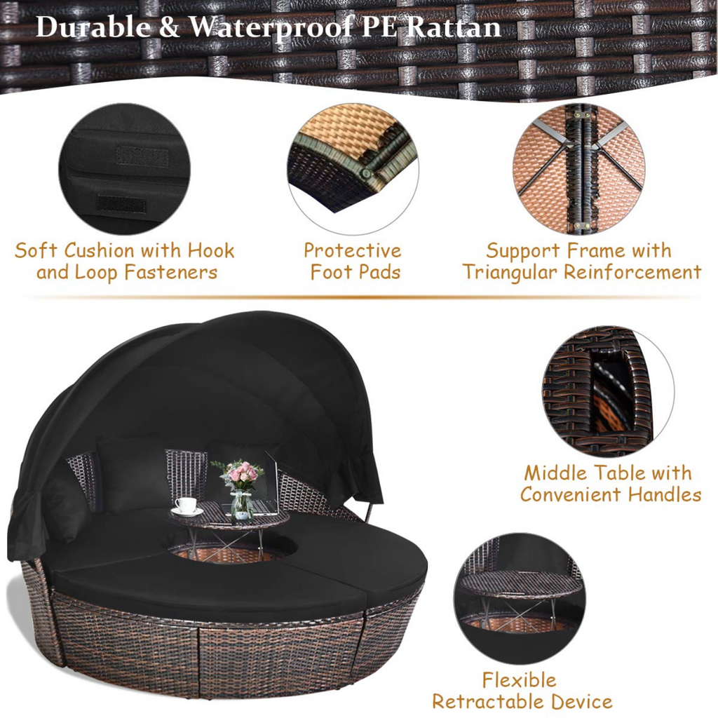 Tangkula Patio Round Daybed with Retractable Canopy, Outdoor Wicker Rattan Furniture Sets - HW63763+