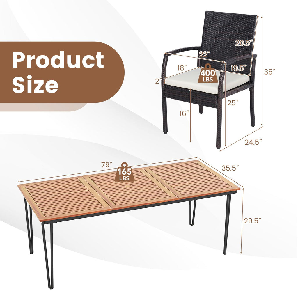 Tangkula 9 Pieces Patio Rattan Dining Set with Acacia Wood Table - HW71588+2*HW70830-4