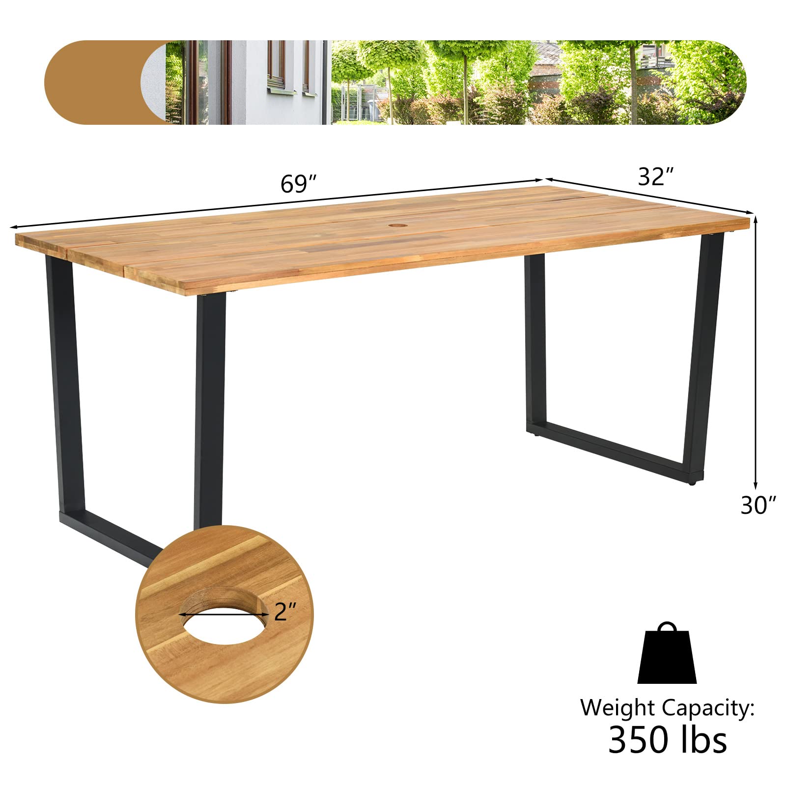Tangkula Patio Rattan Dining Set, Acacia Wood Tabletop w/Umbrella Hole - HW70830-4+HW70840