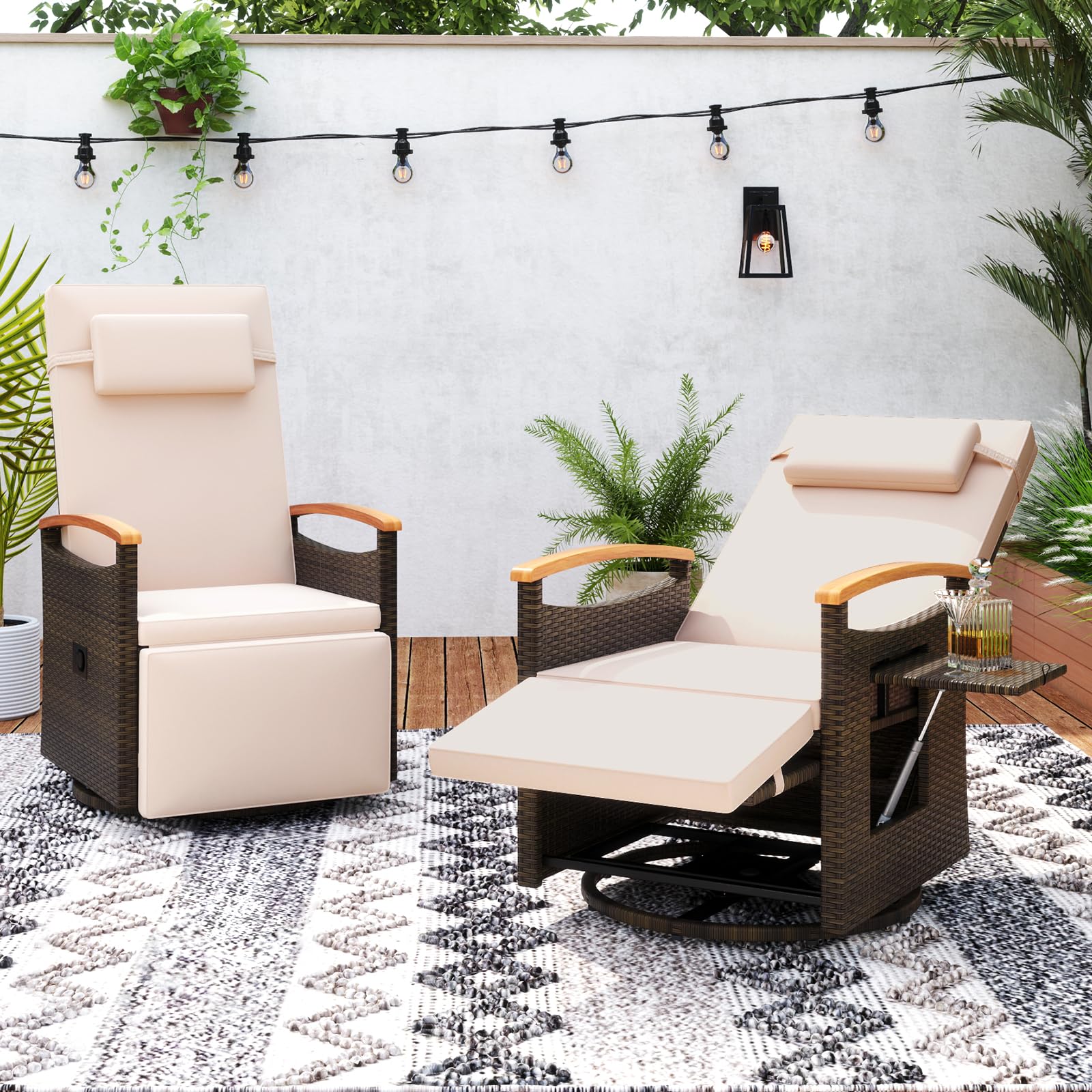 Tangkula Patio Rattan 360 Degree Swivel Recliner Chair, Wicker Lounge Chair w/Adjustable Backrest & Footrest - 2*HW72726BN