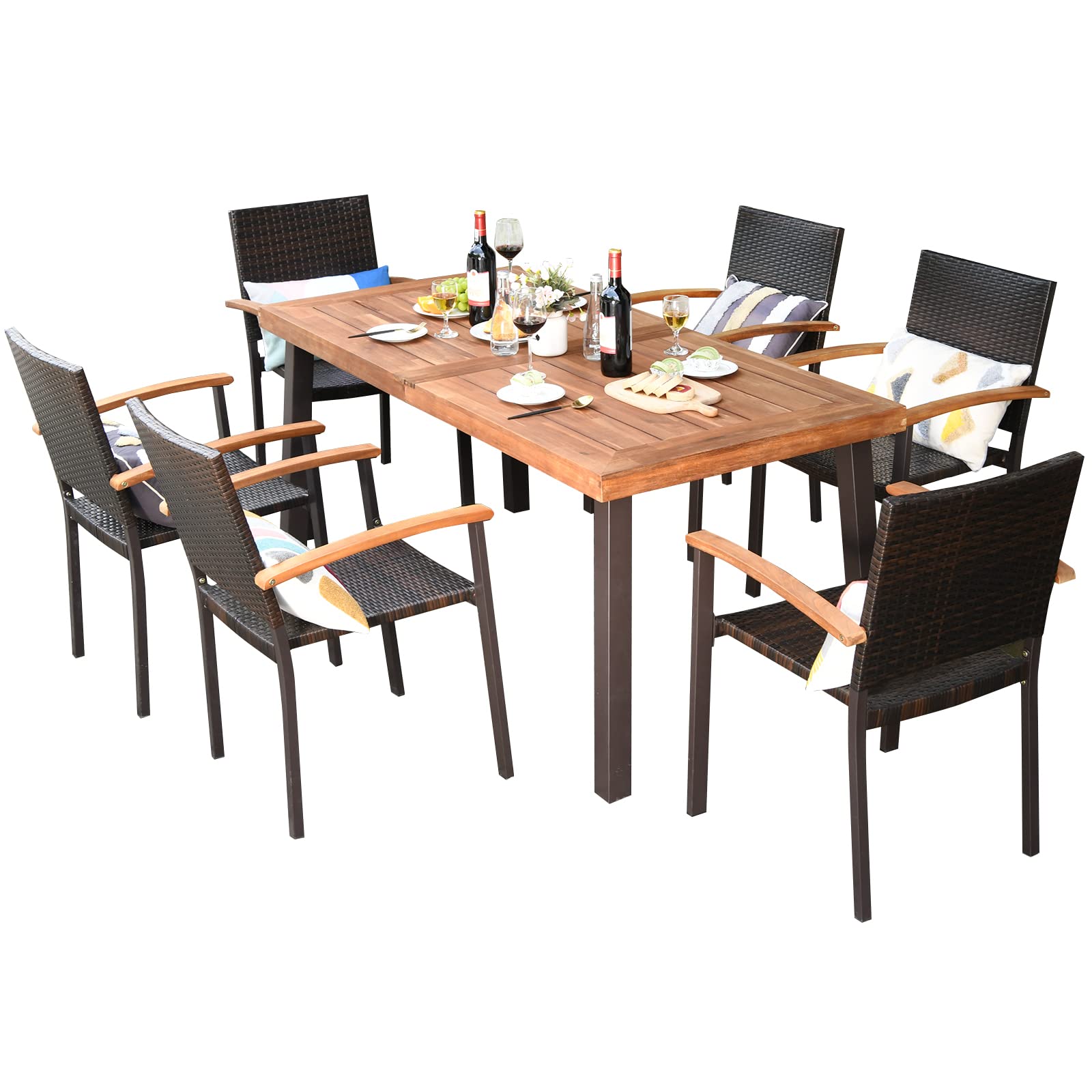 Tangkula 7-Piece Wicker Patio Dining Set, Patiojoy Outdoor Rattan Garden Yard Furniture Set - HW66354+OP70689+OP70690