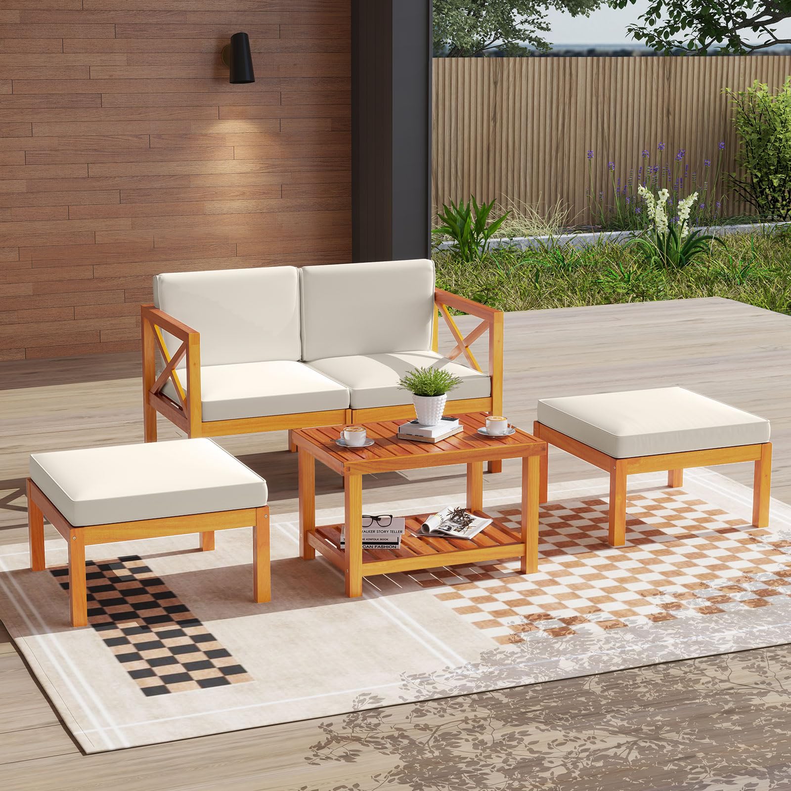 Tangkula 5 Pieces Acacia Wood Patio Chaise Lounge Chair Set with Ottomans and Cushions - HW72989WH+