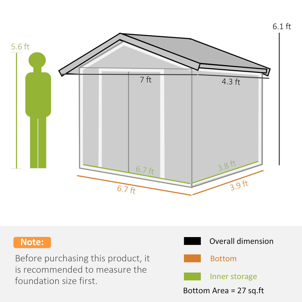 Outsunny EverBase 7' x 4' Outdoor Storage Shed with Foundation Kit, Double Lockable Door & Air Vents, White - 845-030WT