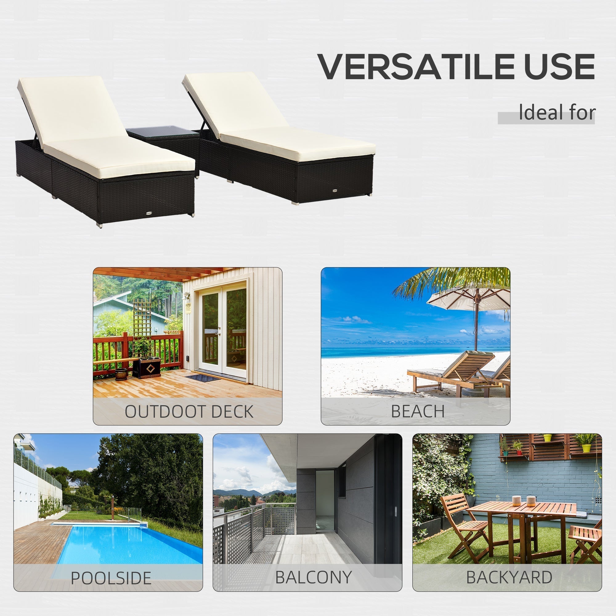 Outsunny Pool Lounge Chairs Set of 2, w/5 Angle Backrest, Table, Water Repellent Cushions, Cream White - 862-009