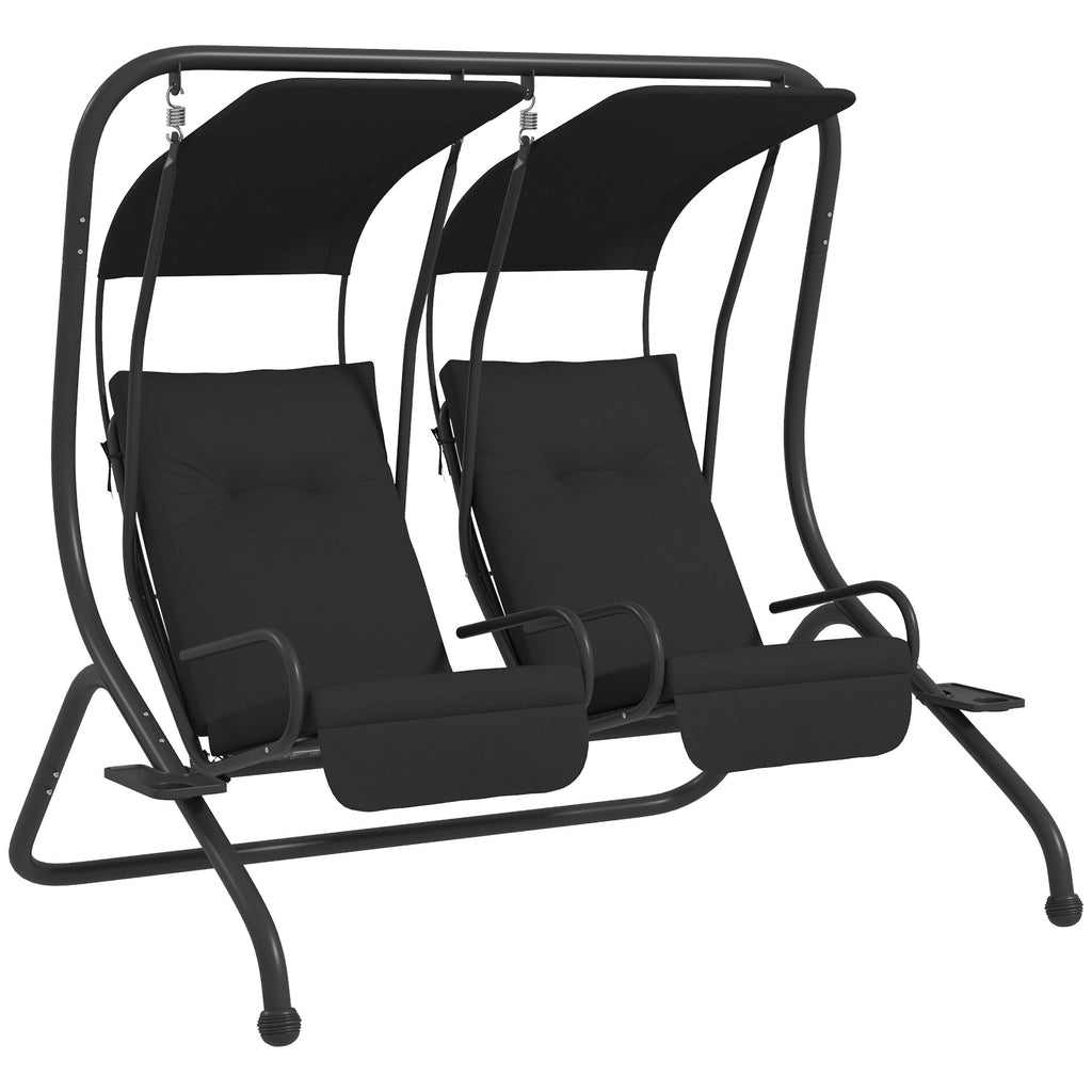 Outsunny 2-Person Outdoor Porch Swing with Solid Steel Frame & Cup Holders for Backyard, Garden, Black - 84A-052V03BK
