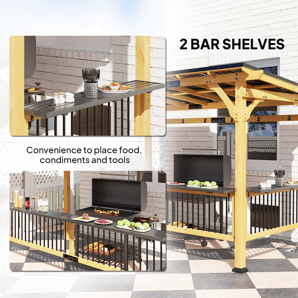 Outsunny 13' x 6' Wooden BBQ Grill Gazebo with Metal Roof 2 Bar Shelves and 6 Hooks, Natural - 84C-650V00ND