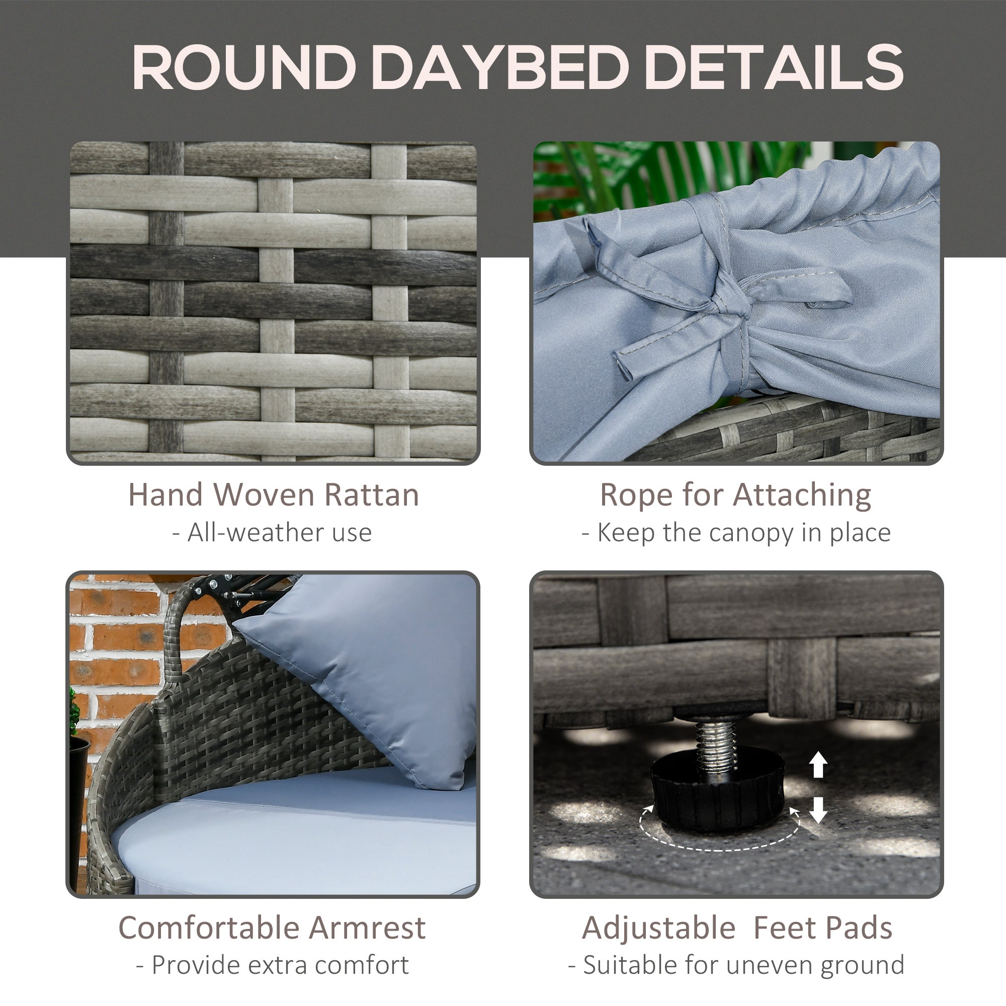 Outsunny 4-Piece Round Patio Daybed, Sectional Sofa with Canopy, Footrest, Table, Light Gray - 862-048V00GG