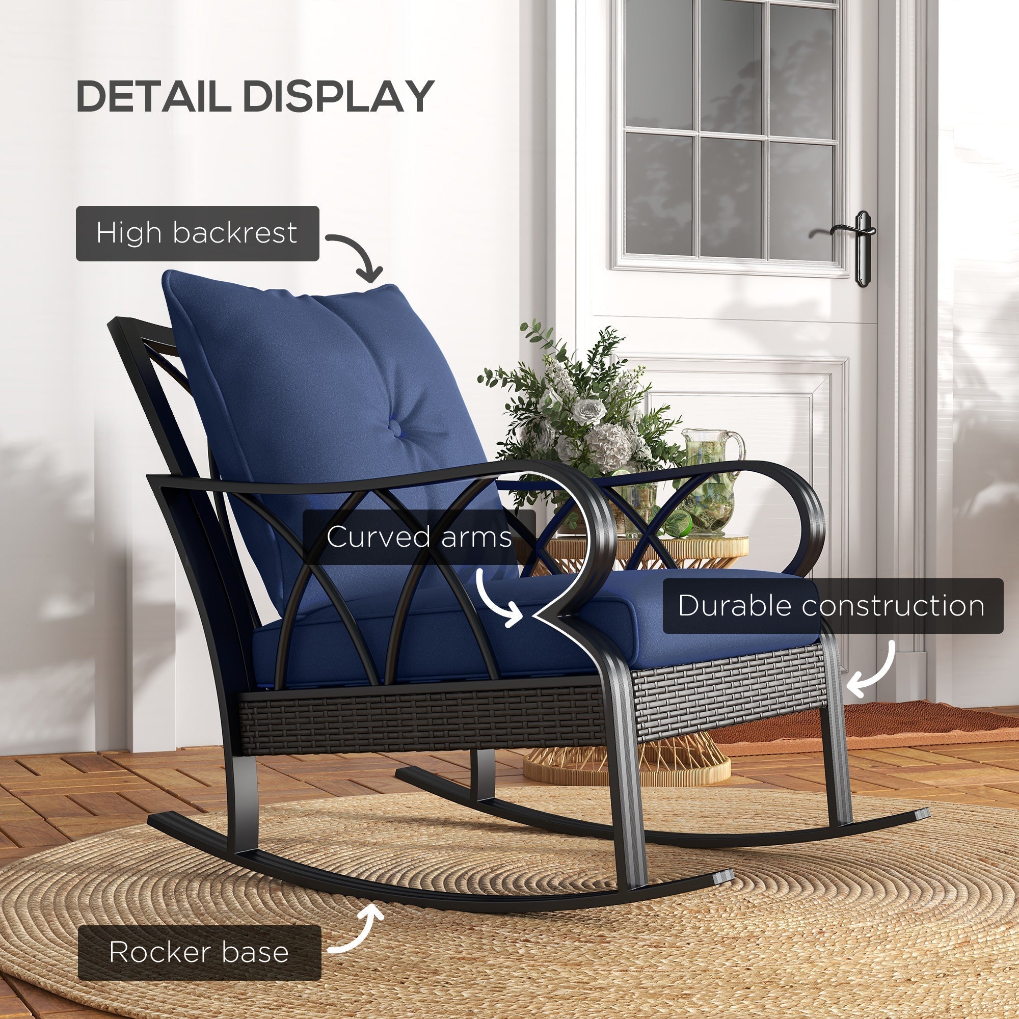 Outsunny 2 Pc Patio Wicker Rocking Chairs with Removable Cushions, Outdoor Rattan Rockers, Blue - 867-048V01DB